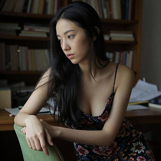 Photograph of an Asian woman with long black hair, wearing a low-cut floral dress, sitting in a dimly lit room, leaning on a green