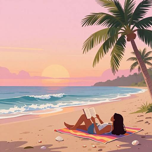 Digital illustration of a woman with long black hair, tan skin, in a white bikini, reading on a colorful beach towel, under a palm tree,