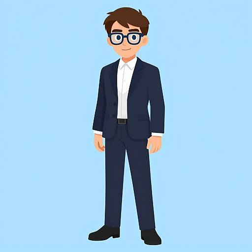 Digital cartoon of a young man with brown hair, black glasses, and dark suit, standing against a light blue background.