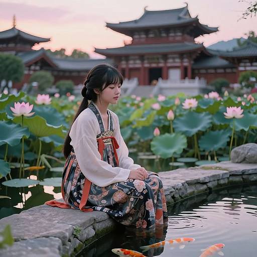 Photograph of a young Asian woman in traditional floral kimono, sitting on a stone path by a pond with lotus flowers and koi fish,