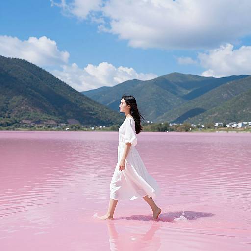Photograph of a woman with long black hair in a white dress walking barefoot on a pink, reflective lake with green mountains and a blue sky in