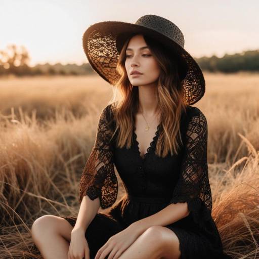 Woman in Black Lace Dress and Wide-Brim Hat in Wheat Field