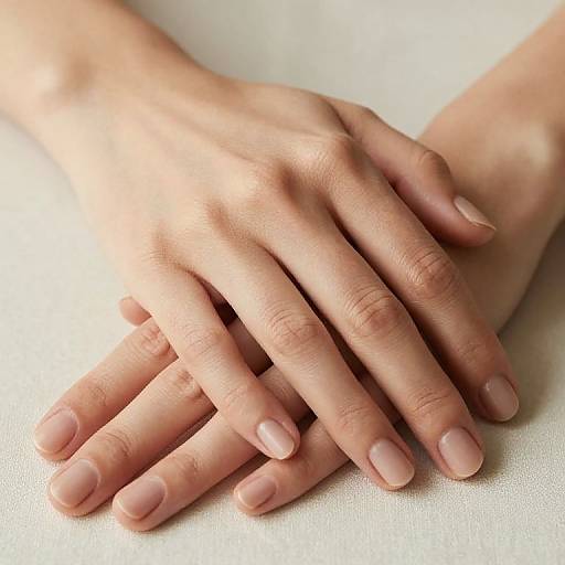 Photograph of two light-skinned hands with neatly manicured, nude-pink nails, resting gently on a white surface.