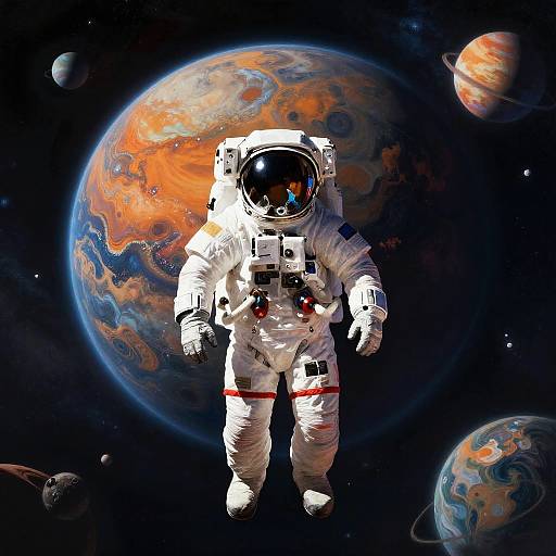 Digital illustration of an astronaut in a white spacesuit with red stripes floating in space, surrounded by colorful planets and stars.