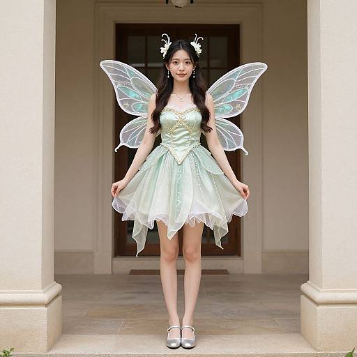 Asian woman with long black hair, white fairy wings, and butterfly headpiece, wearing a sparkling green dress, stands on a stone porch. Photoreal