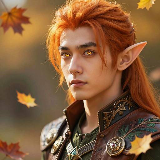 Digital fantasy portrait of an elf with long red hair, pointed ears, amber eyes, and ornate dark leather armor, surrounded by autumn leaves.