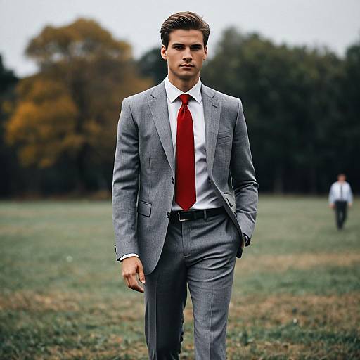 Man in Grey Suit with Red Tie Outdoors