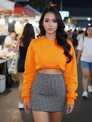 Photograph of an Asian woman with long black hair, wearing an orange crop sweater and black-and-white houndstooth skirt, standing at a nighttime