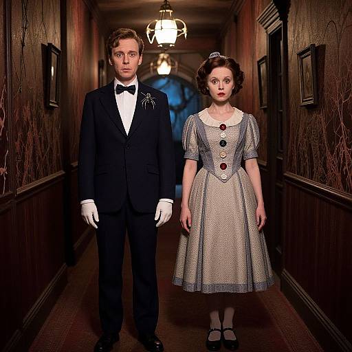 Photograph of a young man in a black tuxedo and white gloves, standing beside a woman in a vintage, gray dress with black buttons,