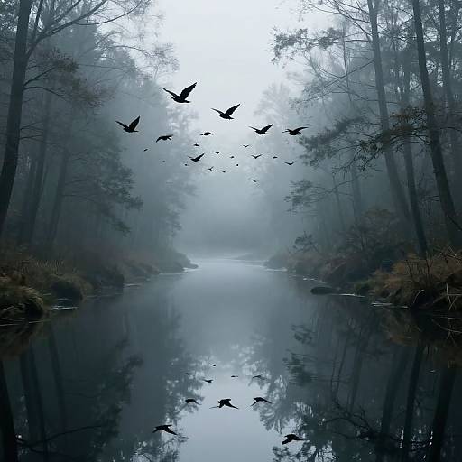 Misty forest photograph with tall, leafless trees flanking a calm river. Silhouetted birds fly above, reflecting in the still water.