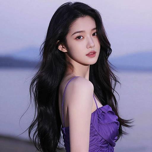 Photograph of a young Asian woman with long, wavy black hair, wearing a purple ruffled spaghetti-strap top, standing by a calm,