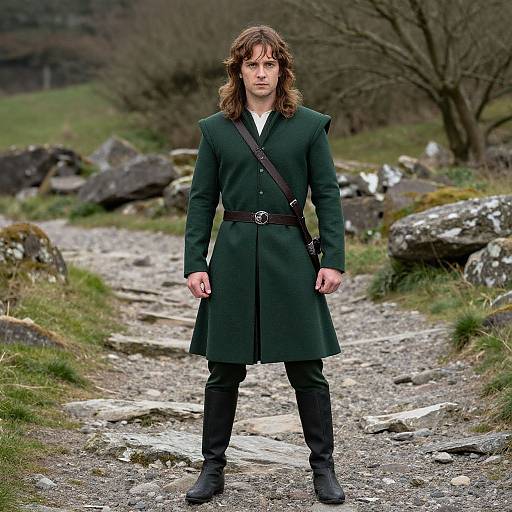 Photograph of a serious young man with long brown hair, wearing a dark green coat, black pants, and boots, standing on a rocky, grass