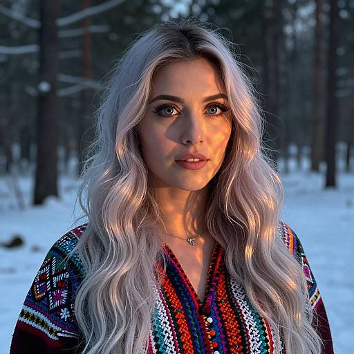 Photograph of a young woman with long, wavy, silver-blonde hair, wearing a colorful, patterned shawl, standing in a
