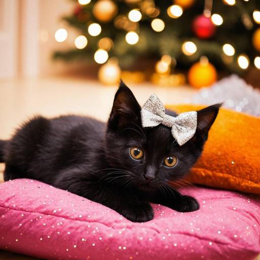 Black Kitten with Silver Bow on Pink Cushion