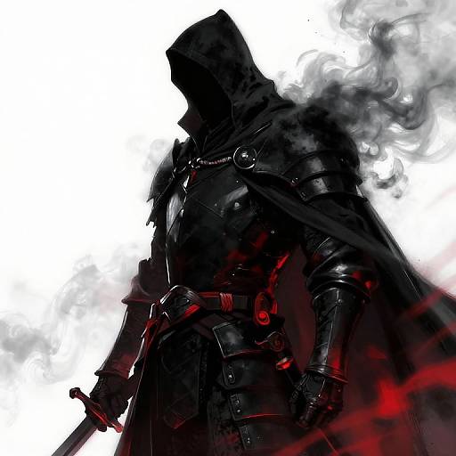 Digital illustration of a shadowy, armored warrior with a hood, holding a sword, surrounded by black and red smoke, white background.