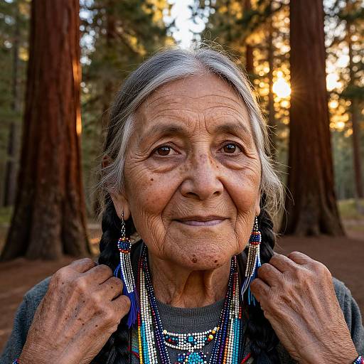 Photograph of an elderly Native American woman with gray hair in braids, wearing colorful bead necklaces, smiling in a sunlit forest.