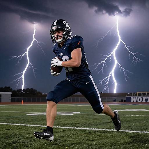 Photograph of a male football player in navy uniform, black helmet, holding ball, sprinting on field during dramatic lightning storm.