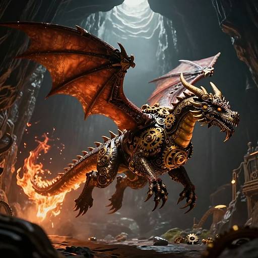 CGI fantasy artwork of a fiery, mechanical dragon with glowing orange wings and black scales, soaring through a dark, ruined cathedral.