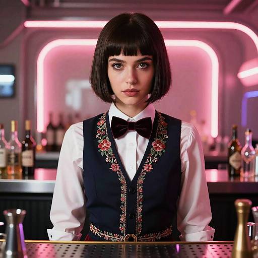 Cyberpunk French Bartender in Neon Bar