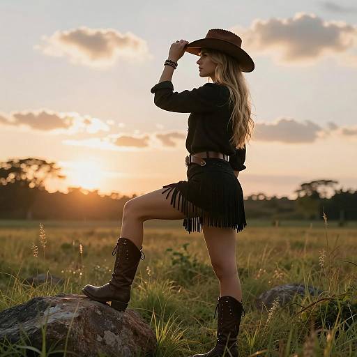 Cowgirl at Sunset in Grassy Field