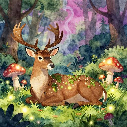 Whimsical digital painting of a deer with green leaves on its back, surrounded by glowing mushrooms and fireflies, in a mystical forest with purple and