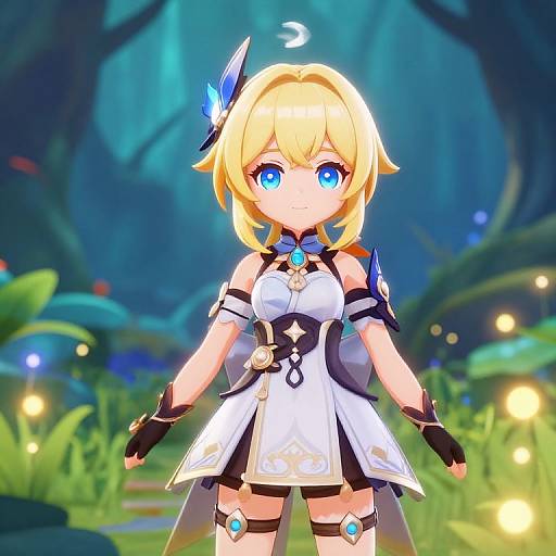 Digital anime-style drawing of a blonde girl with blue eyes, wearing a white and black fantasy outfit, standing in a glowing, enchanted forest.