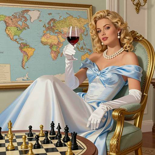 Elegant Woman with Wine and Chess Set