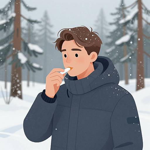 Digital illustration of a young man with brown hair, fair skin, wearing a navy blue winter jacket, eating a candy in a snowy forest. Snowfl