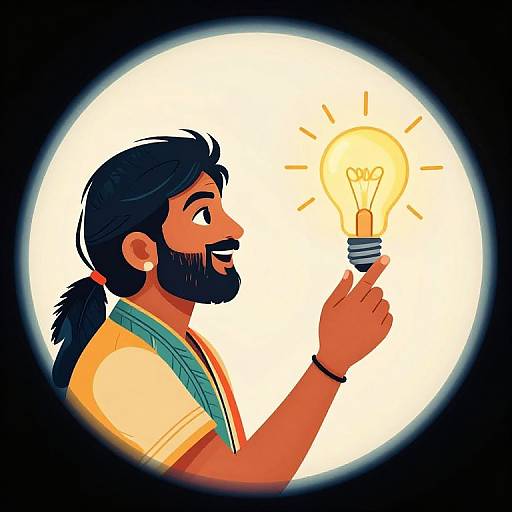 Cartoon illustration of a bearded man with dark hair in a ponytail, smiling, holding a glowing lightbulb, set against a white circular