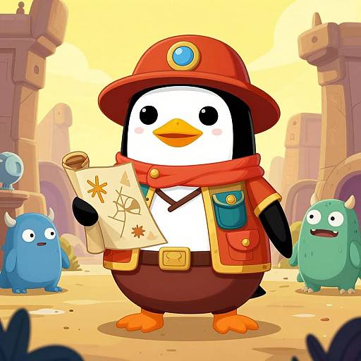 Cartoon penguin adventurer in red hat and scarf, holding map, stands in sunlit, stone-pillar-filled fantasy village with blue and green creatures