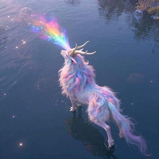 Furry, mythical creature with glowing blue and red flames on its head, standing in dark blue water, surrounded by bubbles. Digital art.