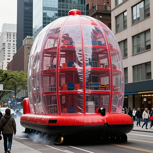 Photograph of a giant, red, transparent inflatable bus with multiple floors on a city street, surrounded by tall buildings and pedestrians.