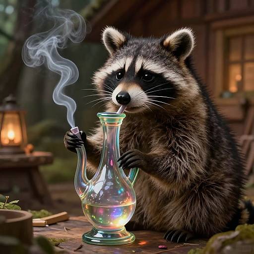 Digital artwork of a raccoon with realistic fur texture, smoking from a glass bong with colorful reflections, in a forested, warmly-lit cabin