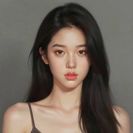 Photograph of an East Asian woman with long black hair, fair skin, red lipstick, and brown eyes, wearing a black spaghetti strap top, against