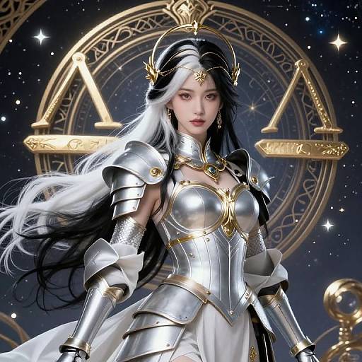 Digital art of an ethereal, armored Asian woman with long black and white hair, gold crown, and silver armor, standing before a mystical, star
