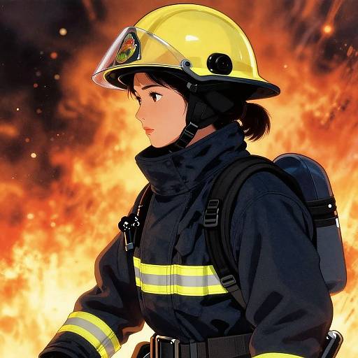 Digital anime-style illustration of a determined female firefighter in black uniform and yellow helmet, with reflective stripes, facing intense orange flames.