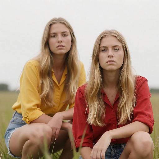 Crouching Blonde Women in Tall Grass