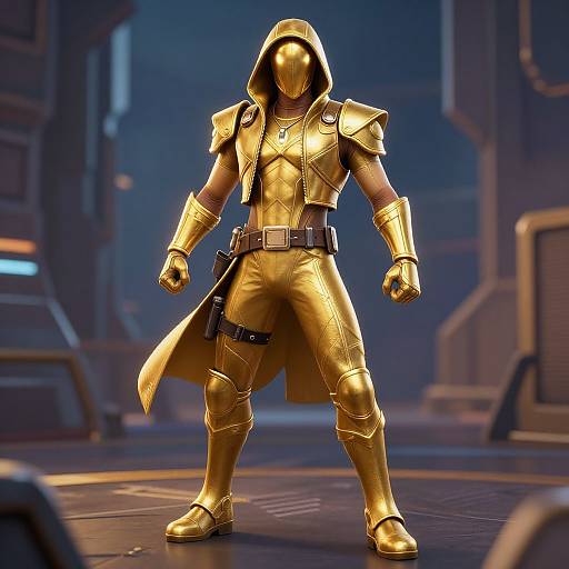 Digital CGI of a faceless, golden-armored warrior with a hood, standing confidently in a futuristic, dimly-lit corridor.