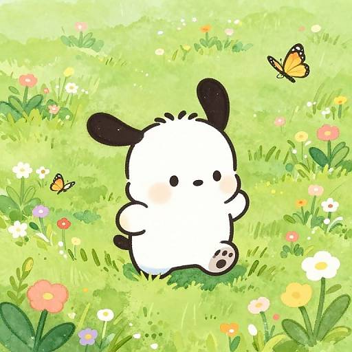 Cute chibi-style drawing of a white, black-eared, fluffy creature standing in a bright green, flower-filled meadow with two yellow butterflies