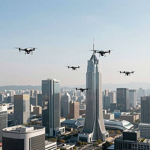Photograph of a modern city skyline with a tall, glass skyscraper at the center, surrounded by various buildings, and five drones flying overhead in a