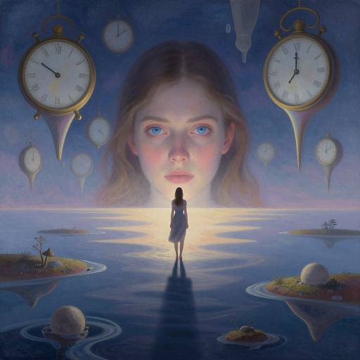 Digital painting: Silhouetted girl in dress stands before glowing, giant-eyed woman's face surrounded by floating clocks, on reflective water with islands,