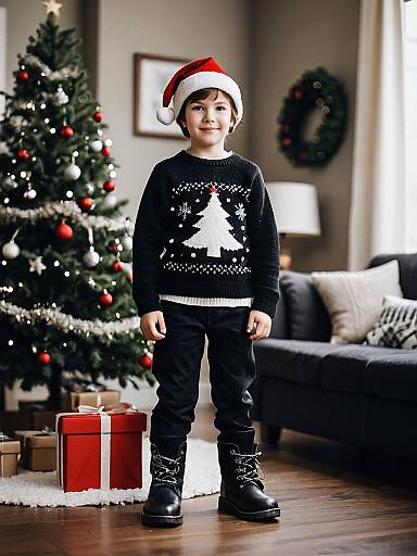 Black Santa Standing by Christmas Tree