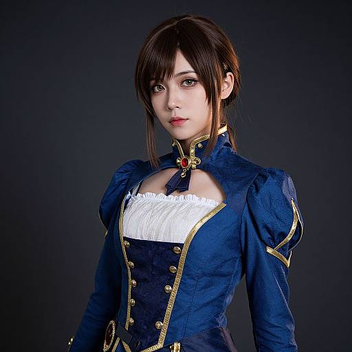 Photograph of a young Asian woman with fair skin, dark brown hair in a side ponytail, wearing a blue Victorian-style dress with gold trim and