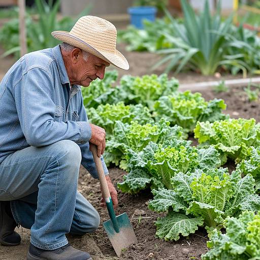 Photograph of an elderly Caucasian man in a straw hat and blue denim shirt, crouching in a vibrant garden, weeding with a small shovel
