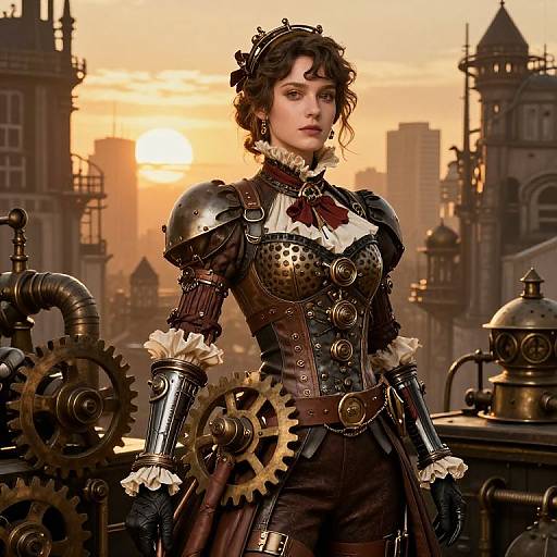 Steampunk Woman in Victorian Attire at Sunset