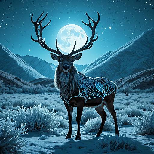 Crystalline Stag in Frozen Desert Valley at Moonlight