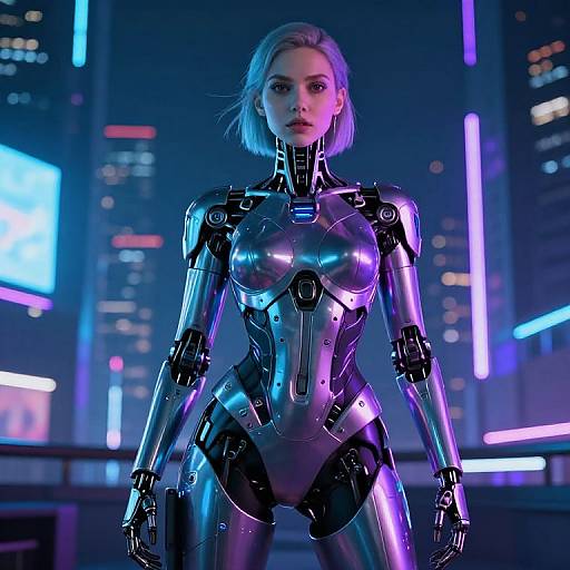 CGI image of a silver and black robotic woman with a sleek, metallic bodysuit, standing in a neon-lit, futuristic cityscape at