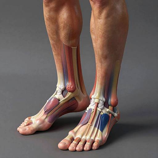 Photorealistic CGI of human feet showing detailed muscle and bone structure, highlighting veins, tendons, and bones against a dark gray background.
