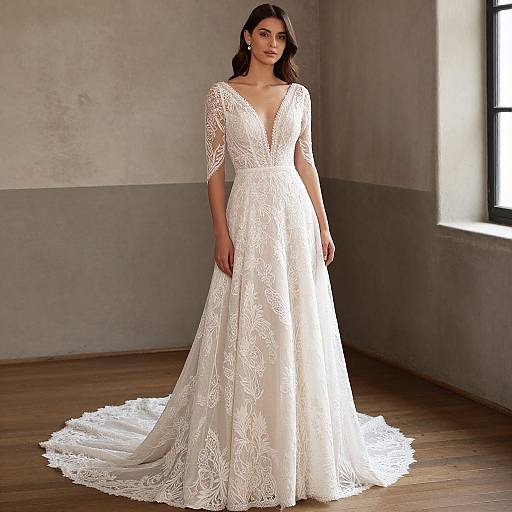 Photograph of a beautiful woman with long dark hair in a white, lace, V-neck, long-sleeve wedding gown, standing in a sun