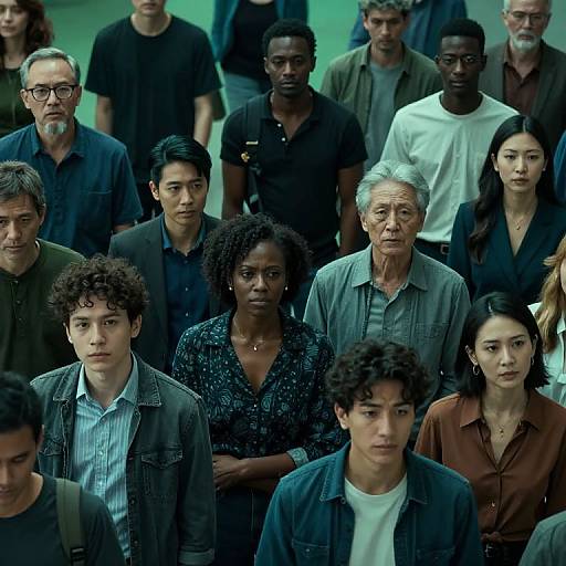 Photograph of diverse group of serious-looking people, men and women, standing and sitting, wearing casual clothes, indoors, in dim lighting.